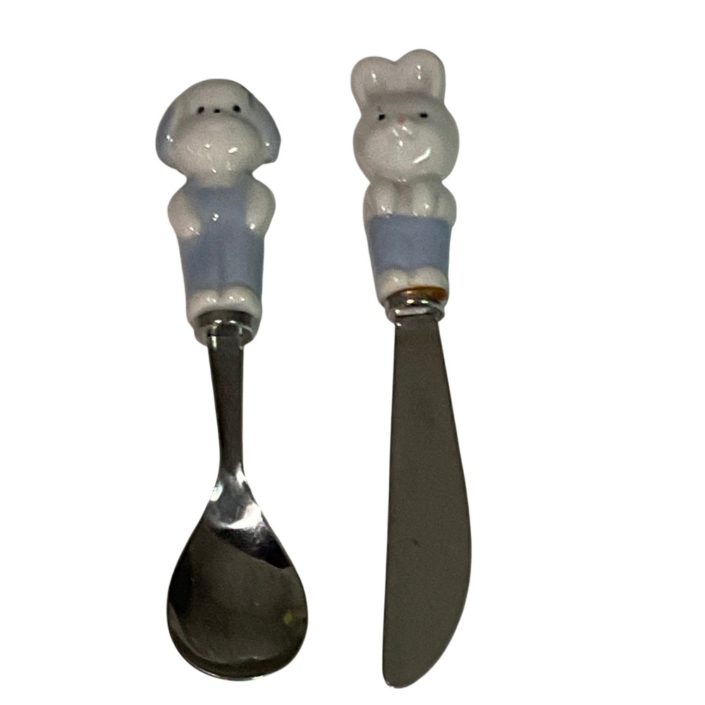 Vintage Lillian Vernon dog bunny children's utensils spoon knife ceramic handle